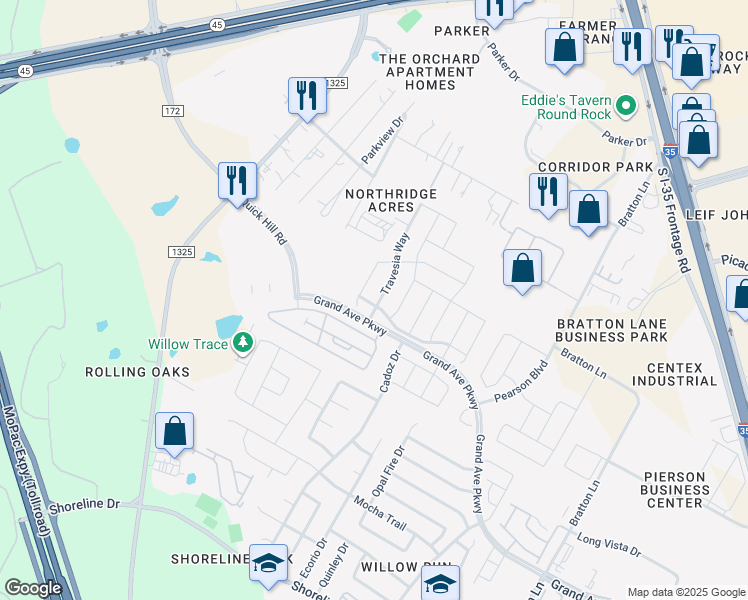 map of restaurants, bars, coffee shops, grocery stores, and more near 16016 Travesia Way in Austin