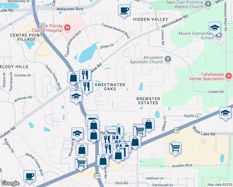 map of restaurants, bars, coffee shops, grocery stores, and more near 2556a Panther Creek Road in Tallahassee