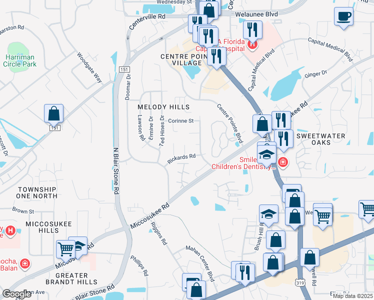 map of restaurants, bars, coffee shops, grocery stores, and more near 2002 Sandcastle Drive in Tallahassee