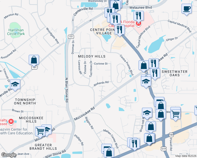 map of restaurants, bars, coffee shops, grocery stores, and more near 2012 Rickards Road in Tallahassee