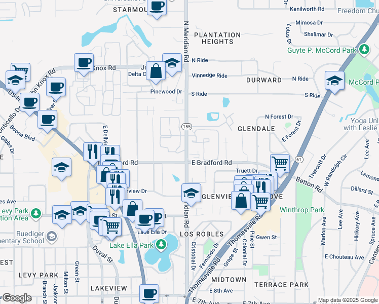 map of restaurants, bars, coffee shops, grocery stores, and more near 310 East Bradford Road in Tallahassee