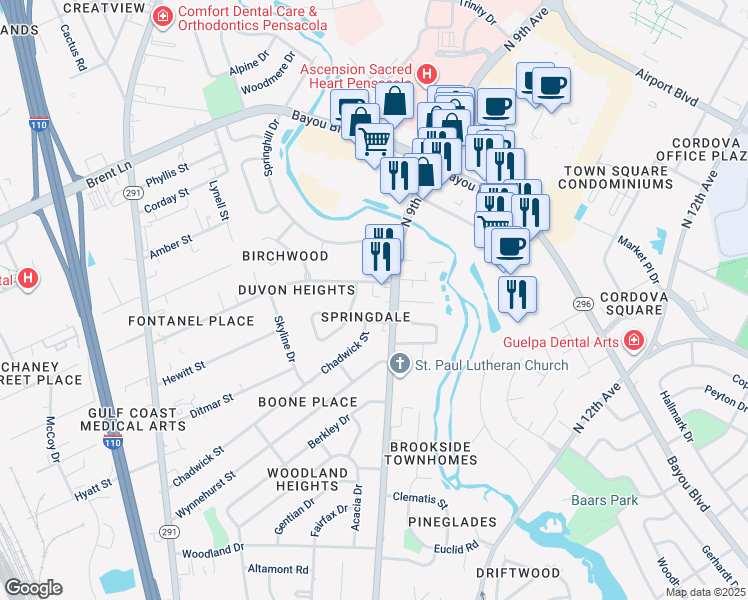 map of restaurants, bars, coffee shops, grocery stores, and more near 4795 North 9th Avenue in Pensacola