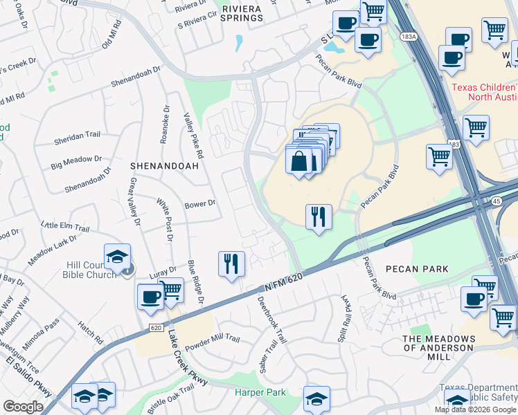 map of restaurants, bars, coffee shops, grocery stores, and more near 12704 Ridgeline Boulevard in Cedar Park
