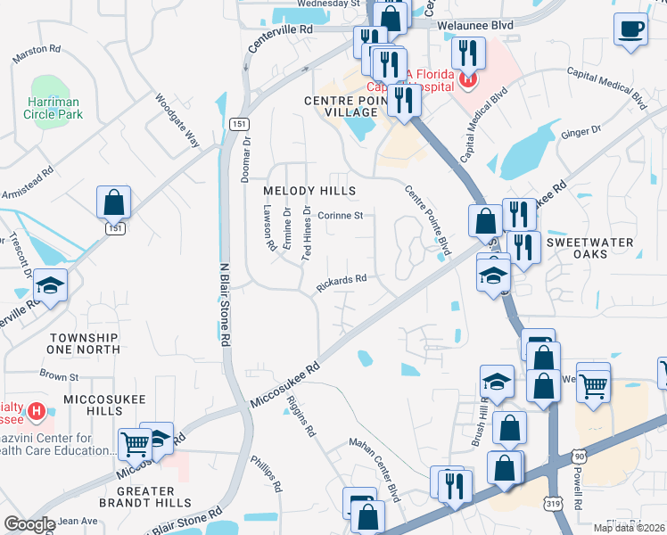 map of restaurants, bars, coffee shops, grocery stores, and more near 2012 Rickards Road in Tallahassee