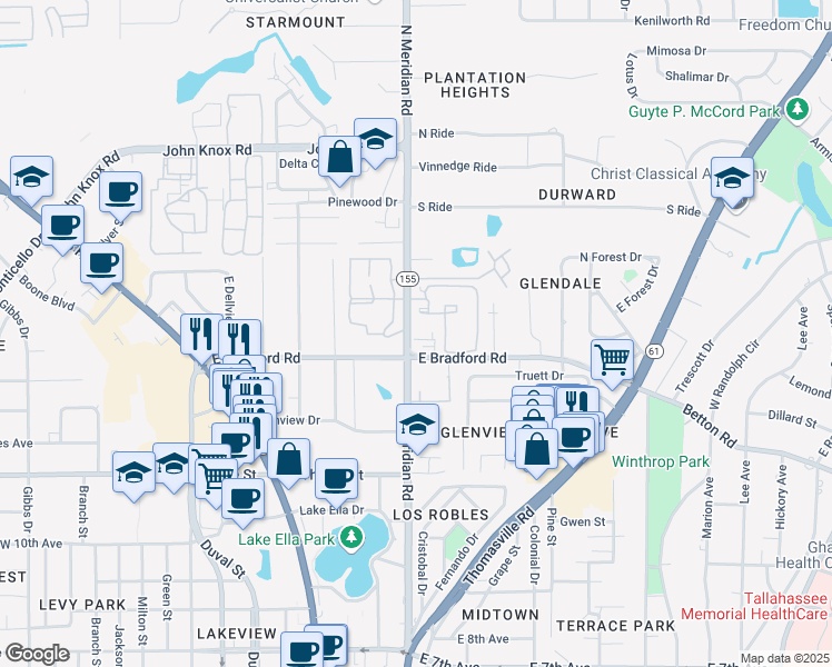 map of restaurants, bars, coffee shops, grocery stores, and more near 2005 North Meridian Road in Tallahassee