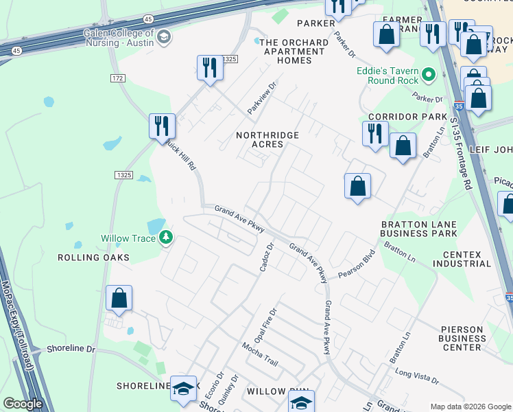 map of restaurants, bars, coffee shops, grocery stores, and more near 16014 Travesia Way in Austin