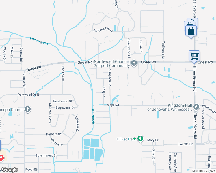 map of restaurants, bars, coffee shops, grocery stores, and more near 12415 Simpson Road in Gulfport