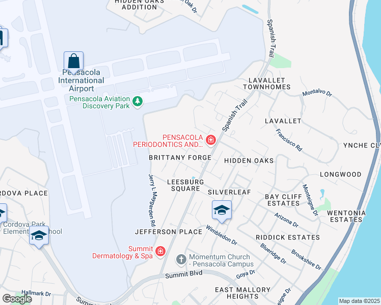 map of restaurants, bars, coffee shops, grocery stores, and more near 4202 Brittany Court in Pensacola