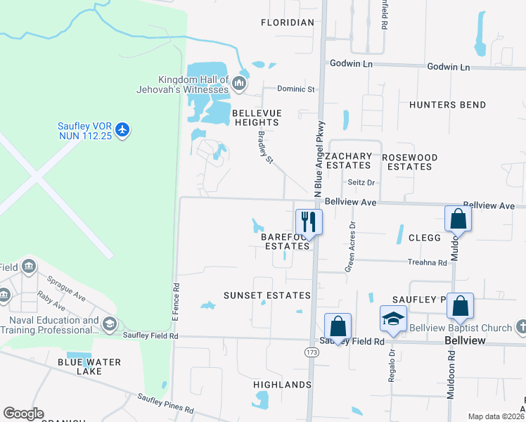 map of restaurants, bars, coffee shops, grocery stores, and more near 5465 Bellview Avenue in Pensacola