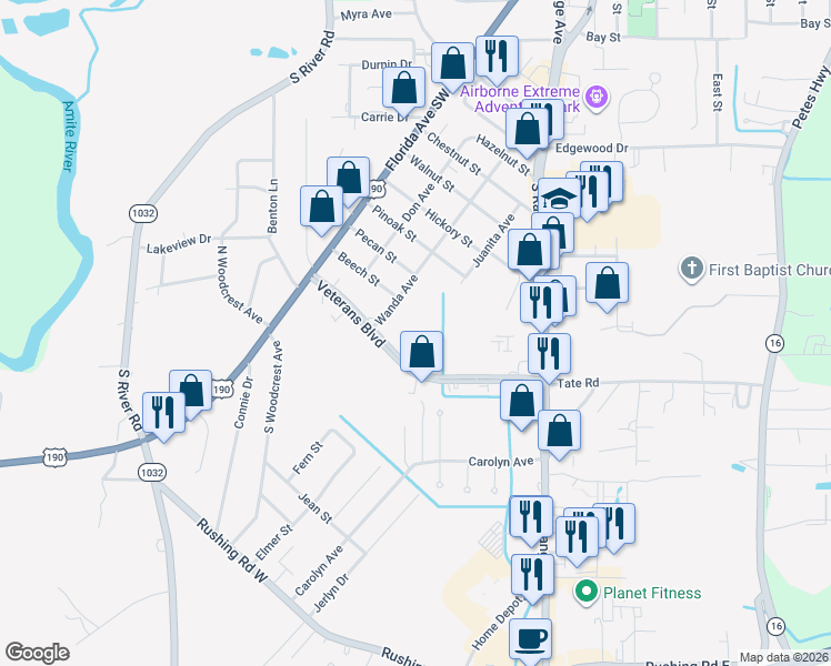 map of restaurants, bars, coffee shops, grocery stores, and more near 291 Veterans Boulevard in Denham Springs