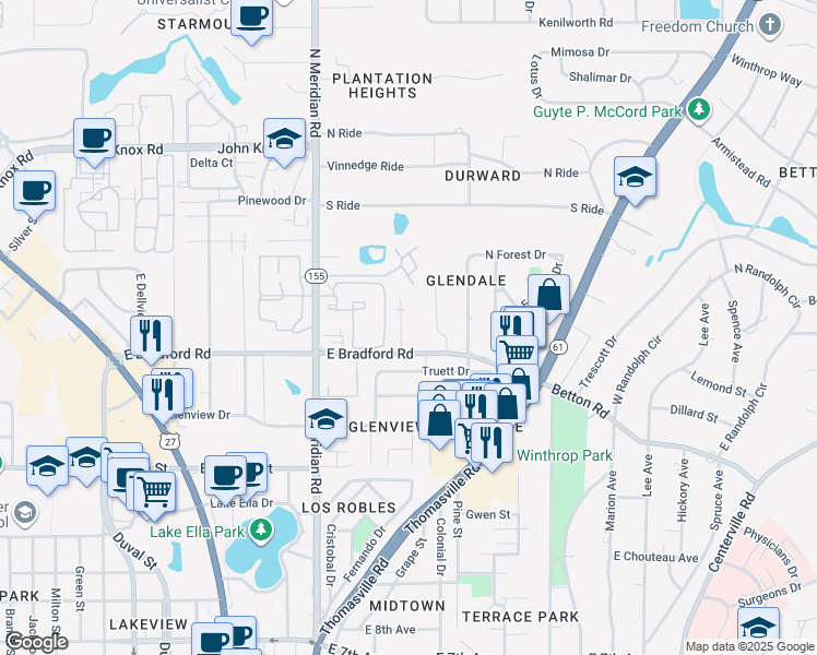 map of restaurants, bars, coffee shops, grocery stores, and more near 548 East Bradford Road in Tallahassee