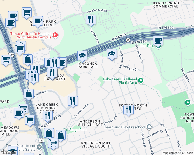 map of restaurants, bars, coffee shops, grocery stores, and more near 10001 Parliament House Road in Austin