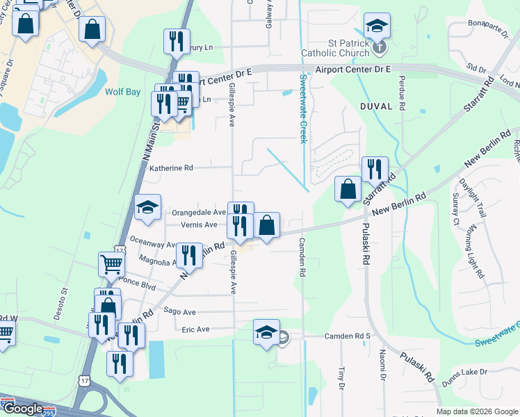 map of restaurants, bars, coffee shops, grocery stores, and more near 703 New Berlin Road in Jacksonville