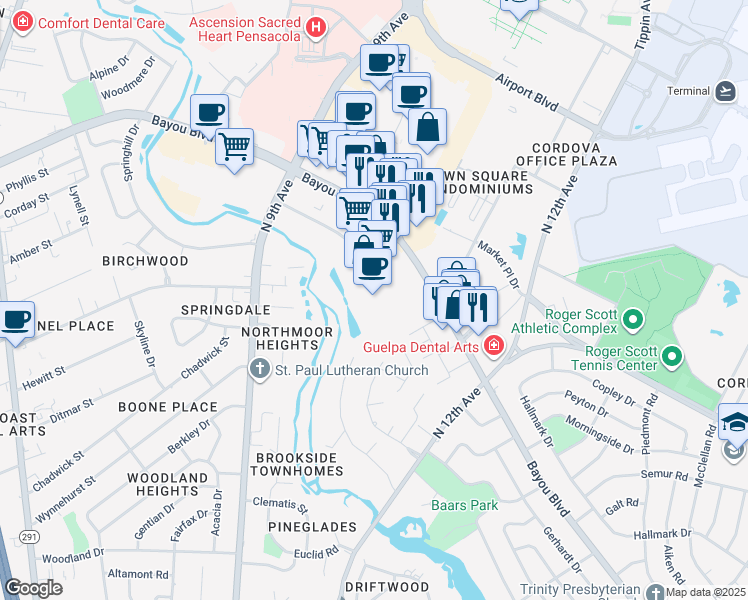 map of restaurants, bars, coffee shops, grocery stores, and more near 4711 Bayou Boulevard in Pensacola