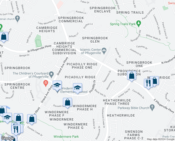 map of restaurants, bars, coffee shops, grocery stores, and more near 17509 Rannoch Drive in Pflugerville