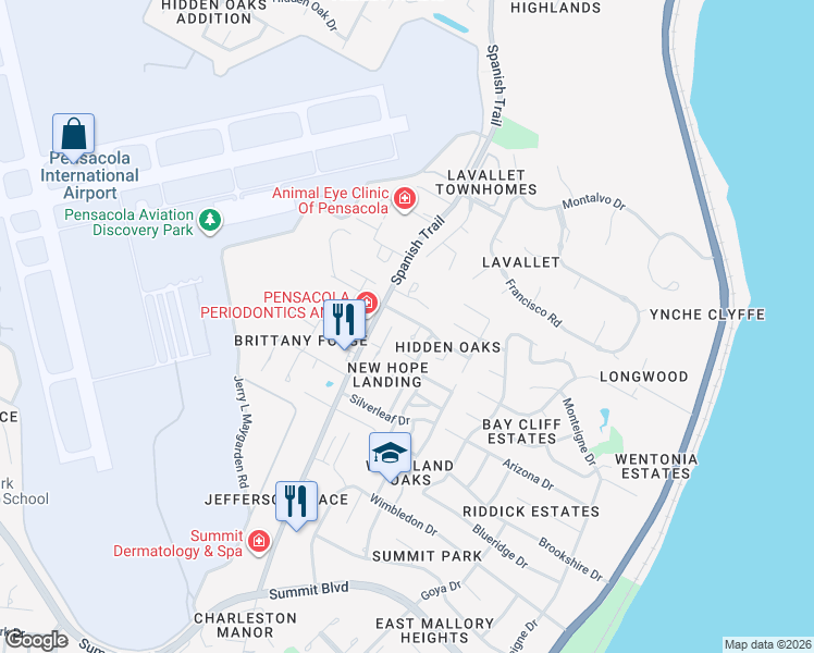 map of restaurants, bars, coffee shops, grocery stores, and more near 3310 Montessori Place in Pensacola
