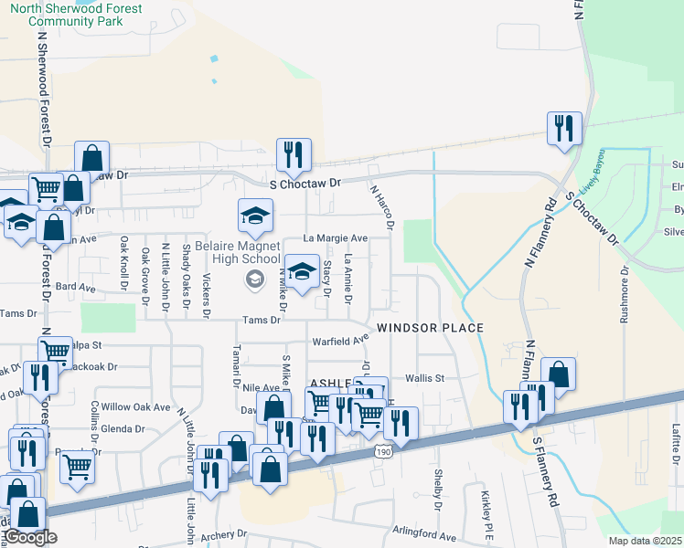 map of restaurants, bars, coffee shops, grocery stores, and more near 1637 La Annie Drive in Baton Rouge