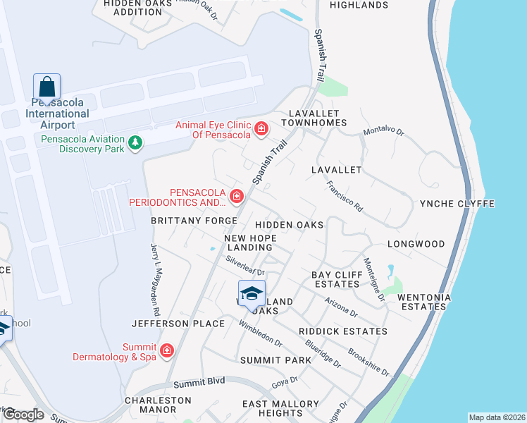 map of restaurants, bars, coffee shops, grocery stores, and more near 3310 Montessori Place in Pensacola