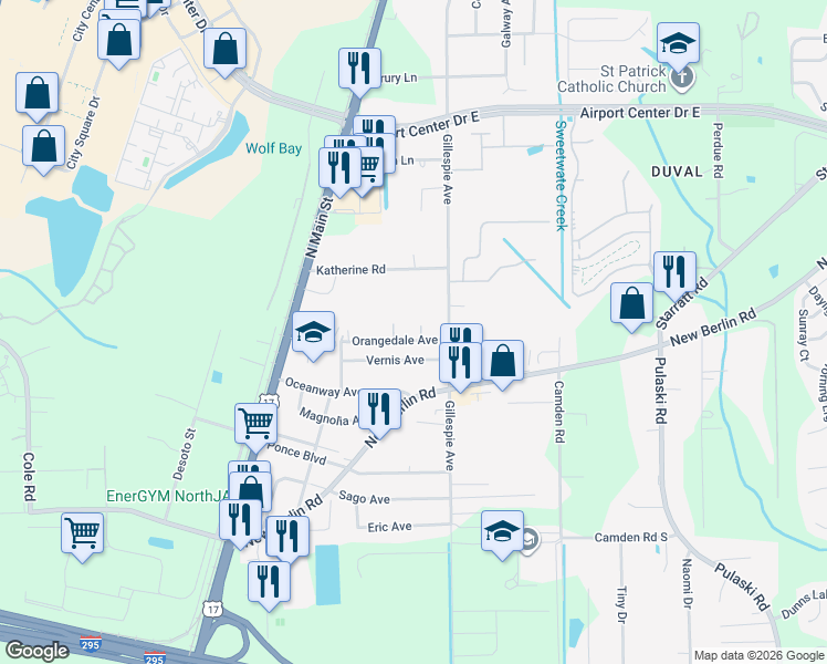 map of restaurants, bars, coffee shops, grocery stores, and more near 247 Vernis Avenue in Jacksonville
