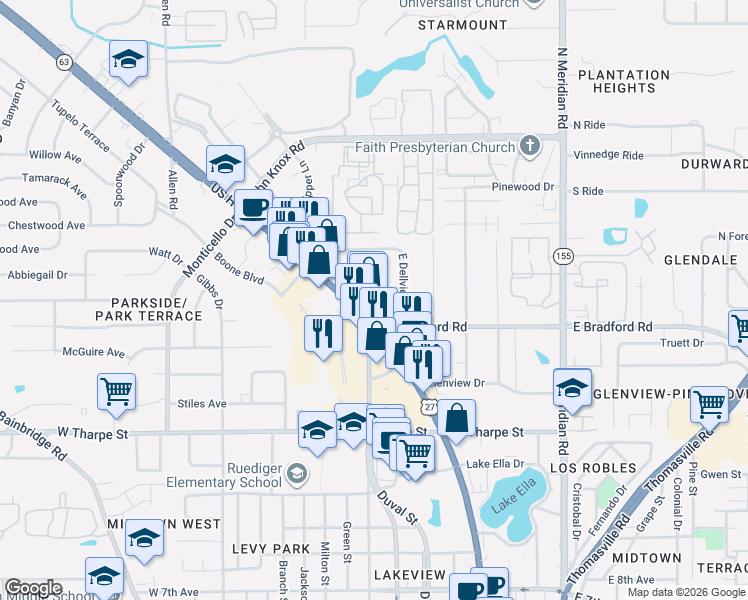 map of restaurants, bars, coffee shops, grocery stores, and more near Marianna Drive in Tallahassee