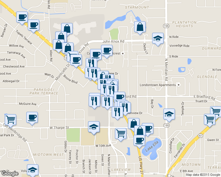map of restaurants, bars, coffee shops, grocery stores, and more near Marianna Drive in Tallahassee