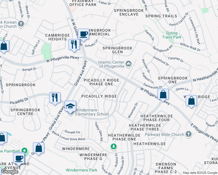 map of restaurants, bars, coffee shops, grocery stores, and more near 17423 Rannoch Drive in Pflugerville