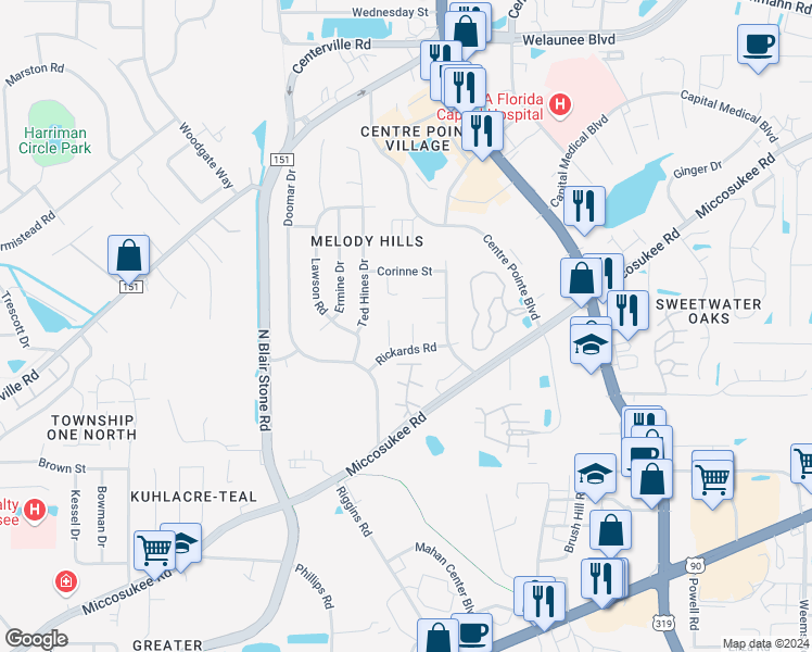 map of restaurants, bars, coffee shops, grocery stores, and more near 2012 Rickards Road in Tallahassee