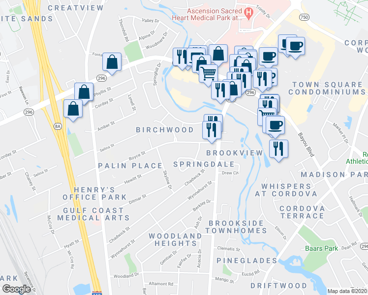 map of restaurants, bars, coffee shops, grocery stores, and more near 280 Springdale Circle in Pensacola