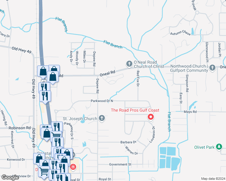 map of restaurants, bars, coffee shops, grocery stores, and more near 15190 Parkwood Dr N in Gulfport