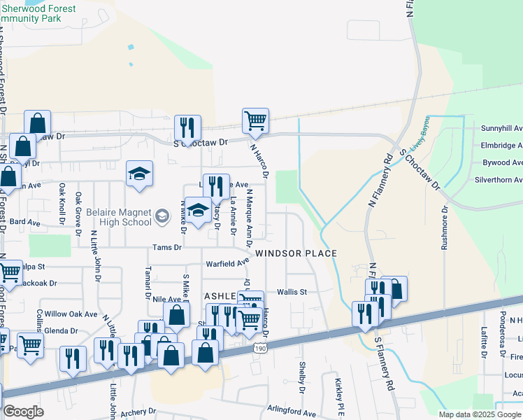 map of restaurants, bars, coffee shops, grocery stores, and more near 1638 North Marque Ann Drive in Baton Rouge