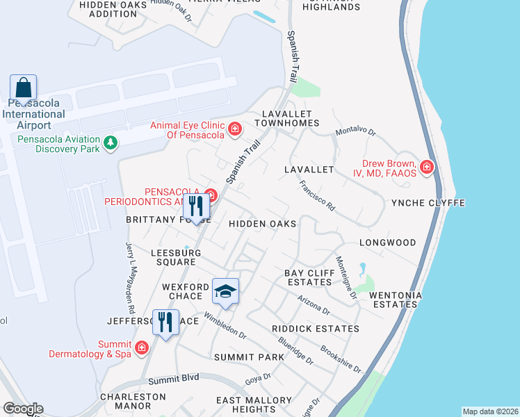 map of restaurants, bars, coffee shops, grocery stores, and more near 3301 New Hope Road in Pensacola