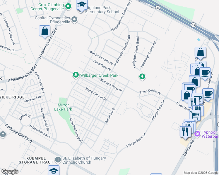 map of restaurants, bars, coffee shops, grocery stores, and more near 1009 Craters of the Moon Boulevard in Pflugerville