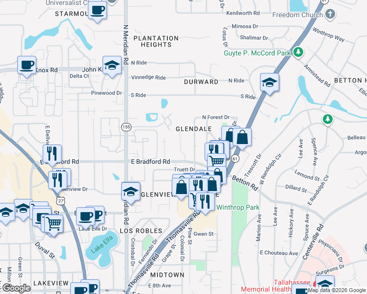 map of restaurants, bars, coffee shops, grocery stores, and more near 2007 Forest Glen Court in Tallahassee