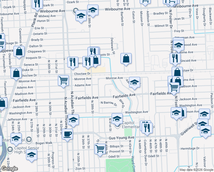 map of restaurants, bars, coffee shops, grocery stores, and more near 4006 Adams Avenue in Baton Rouge