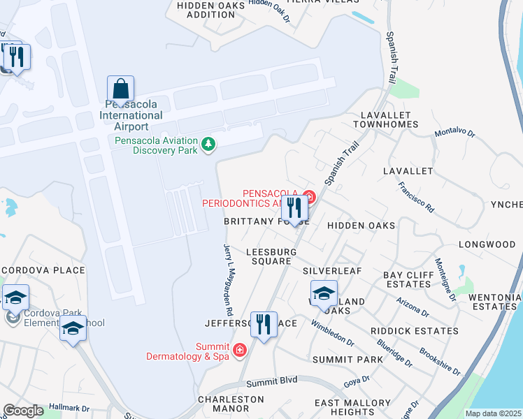 map of restaurants, bars, coffee shops, grocery stores, and more near 3103 Brittany Place in Pensacola