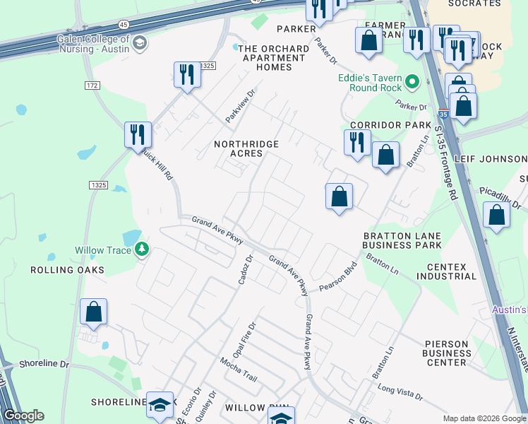 map of restaurants, bars, coffee shops, grocery stores, and more near 16024 Hawthorne Heights Trail in Austin