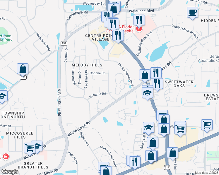 map of restaurants, bars, coffee shops, grocery stores, and more near 2002 Sandcastle Drive in Tallahassee