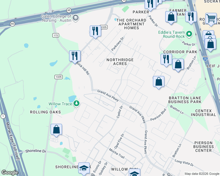 map of restaurants, bars, coffee shops, grocery stores, and more near 16000 Hampton Bliss Trace in Austin