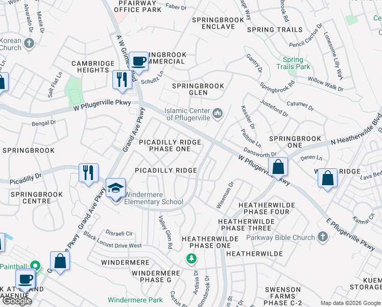 map of restaurants, bars, coffee shops, grocery stores, and more near 17501 Loch Linnhe Loop in Pflugerville