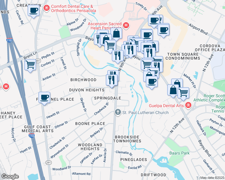 map of restaurants, bars, coffee shops, grocery stores, and more near 4795 North 9th Avenue in Pensacola