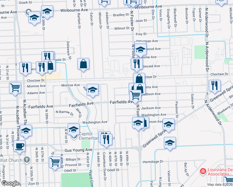 map of restaurants, bars, coffee shops, grocery stores, and more near 2137 Harelson Street in Baton Rouge