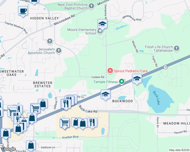 map of restaurants, bars, coffee shops, grocery stores, and more near 1120 Lonnie Road in Tallahassee