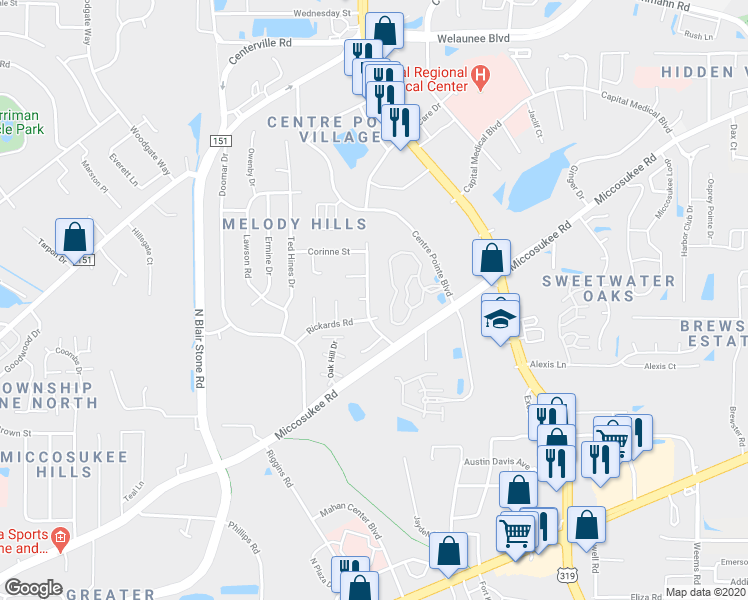 map of restaurants, bars, coffee shops, grocery stores, and more near 2002 Sandcastle Drive in Tallahassee