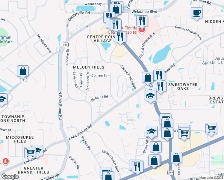 map of restaurants, bars, coffee shops, grocery stores, and more near 2002 Sandcastle Drive in Tallahassee