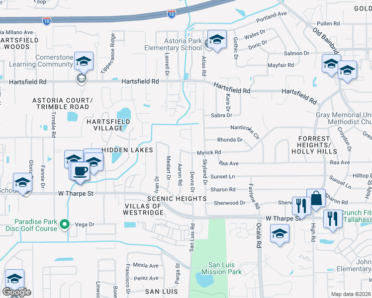map of restaurants, bars, coffee shops, grocery stores, and more near 1840 Devra Drive in Tallahassee