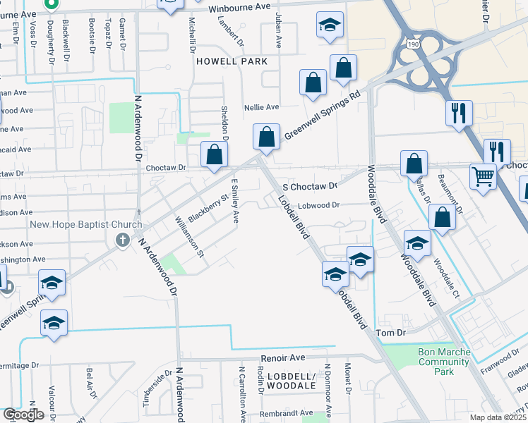map of restaurants, bars, coffee shops, grocery stores, and more near 2121 Lobdell Boulevard in Baton Rouge