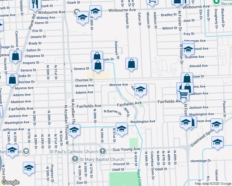 map of restaurants, bars, coffee shops, grocery stores, and more near 4046 Adams Avenue in Baton Rouge