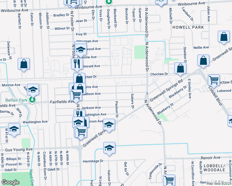 map of restaurants, bars, coffee shops, grocery stores, and more near 2198 Paulson Street in Baton Rouge
