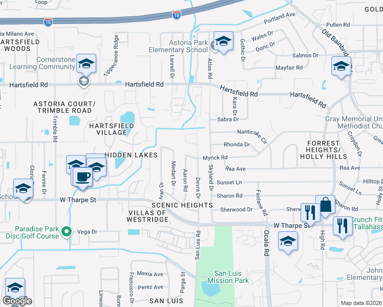 map of restaurants, bars, coffee shops, grocery stores, and more near 1840 Devra Drive in Tallahassee