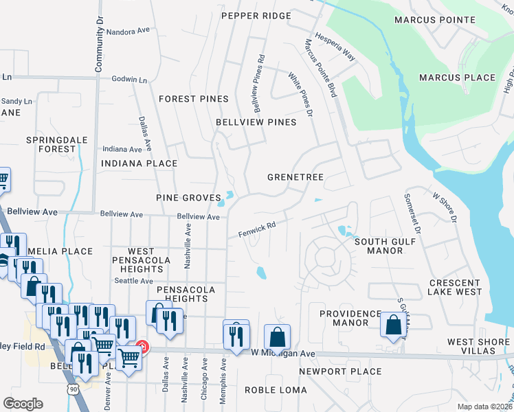 map of restaurants, bars, coffee shops, grocery stores, and more near 2383 Windstone Drive in Pensacola